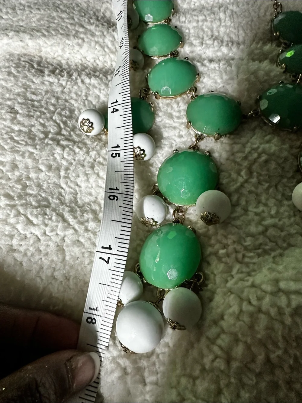 Vintage Gold-Tone Statement Necklace with Green Faceted Stones & White Beads